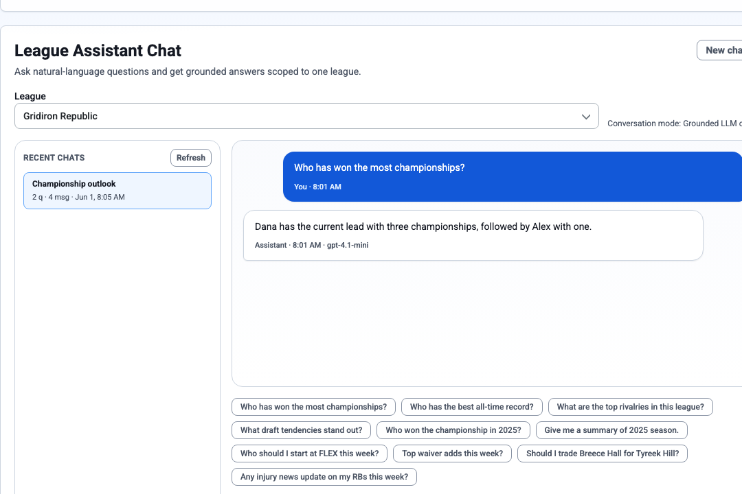 LeagueLore assistant chat showing grounded response and suggested actions.